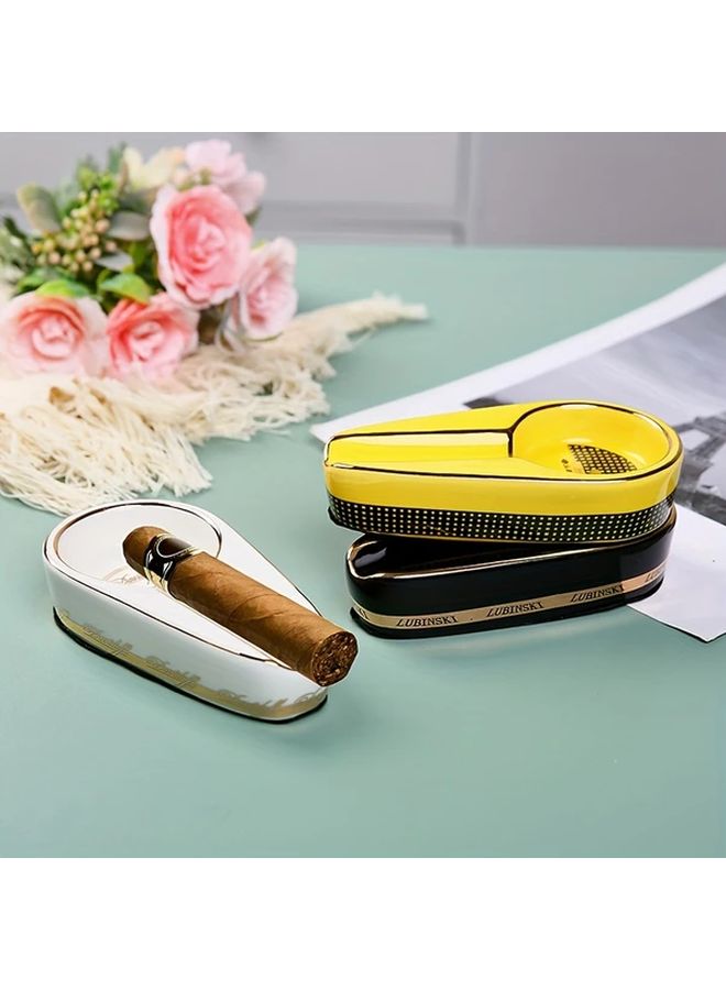 Yellow Ceramic Cigar Ashtray Portable Mini Classic Painted Home Accessory - Image 3